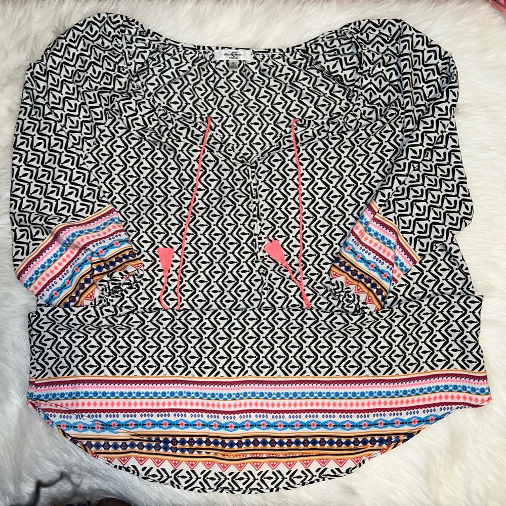 Moa Moa Black and White Geometric Blouse with Colorful Stripes